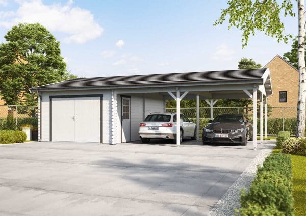 Dobbelt carport med garage i træ fra www.sølundhuse.dk vores mest populære kombi carport og garage
